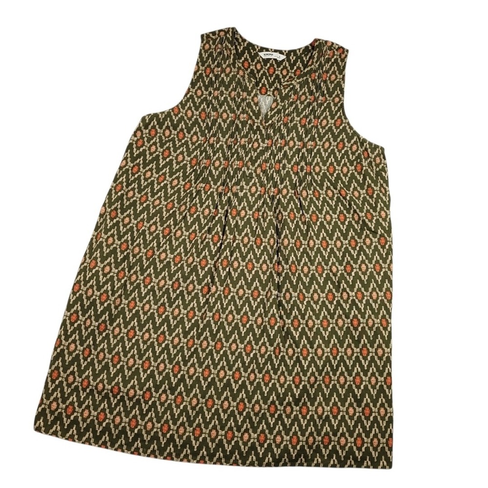 Sonoma Dress Womens XL Linen Blend Geometric Pintuck Sleeveless Pockets Boho